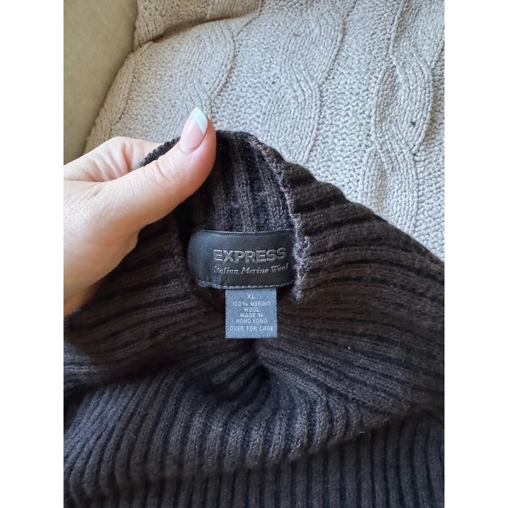 Express Italian Merino Wool Sweater Mens XL Brown Ribbed Mock Neck Pullover - Picture 2 of 4